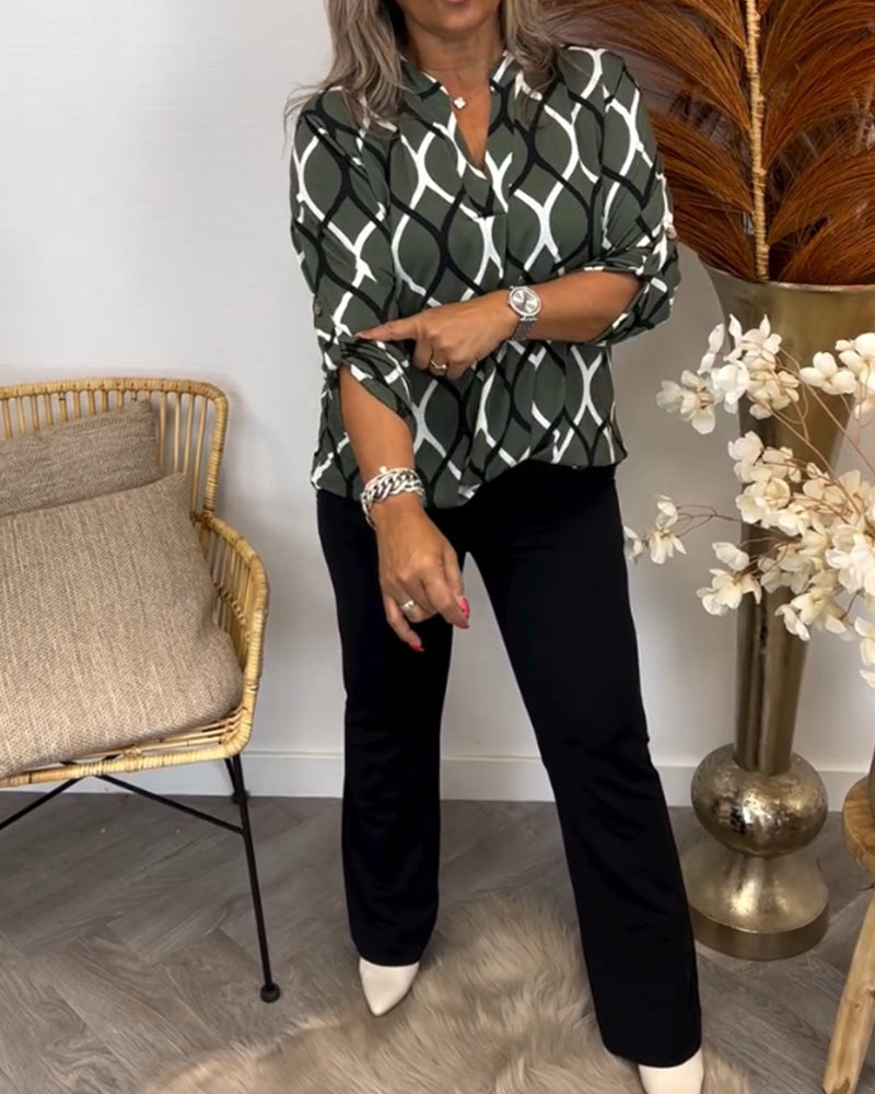 Graphic print button-front blouse, dark green and black with white oval lattice motif, 3/4 sleeves