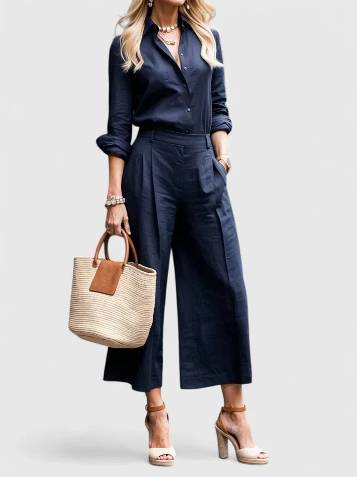 Navy long-sleeve button-front blouse and wide-leg pants two-piece set