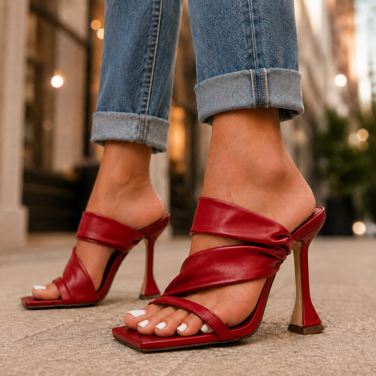 Wine red heeled mule sandals with open toe and twisted front straps