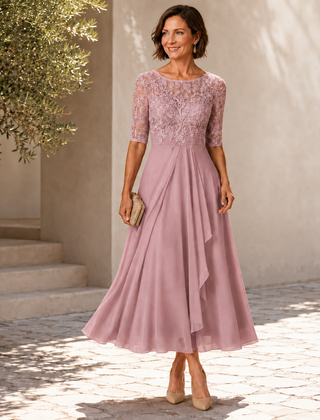 Pink lace midi dress with 3/4 sleeves, embroidered bodice and flowing layered skirt