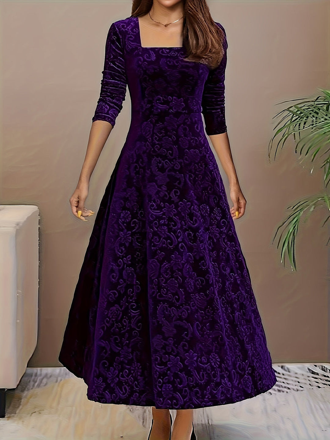 Purple velvet midi A-line dress, square neckline, long sleeves, tonal floral pattern