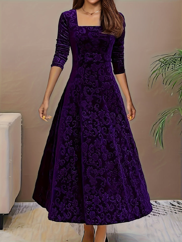 Purple velvet midi A-line dress, square neckline, long sleeves, tonal floral pattern