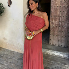 Toledo maxi dress in berry red, off-shoulder silhouette with gathered bodice and long skirt