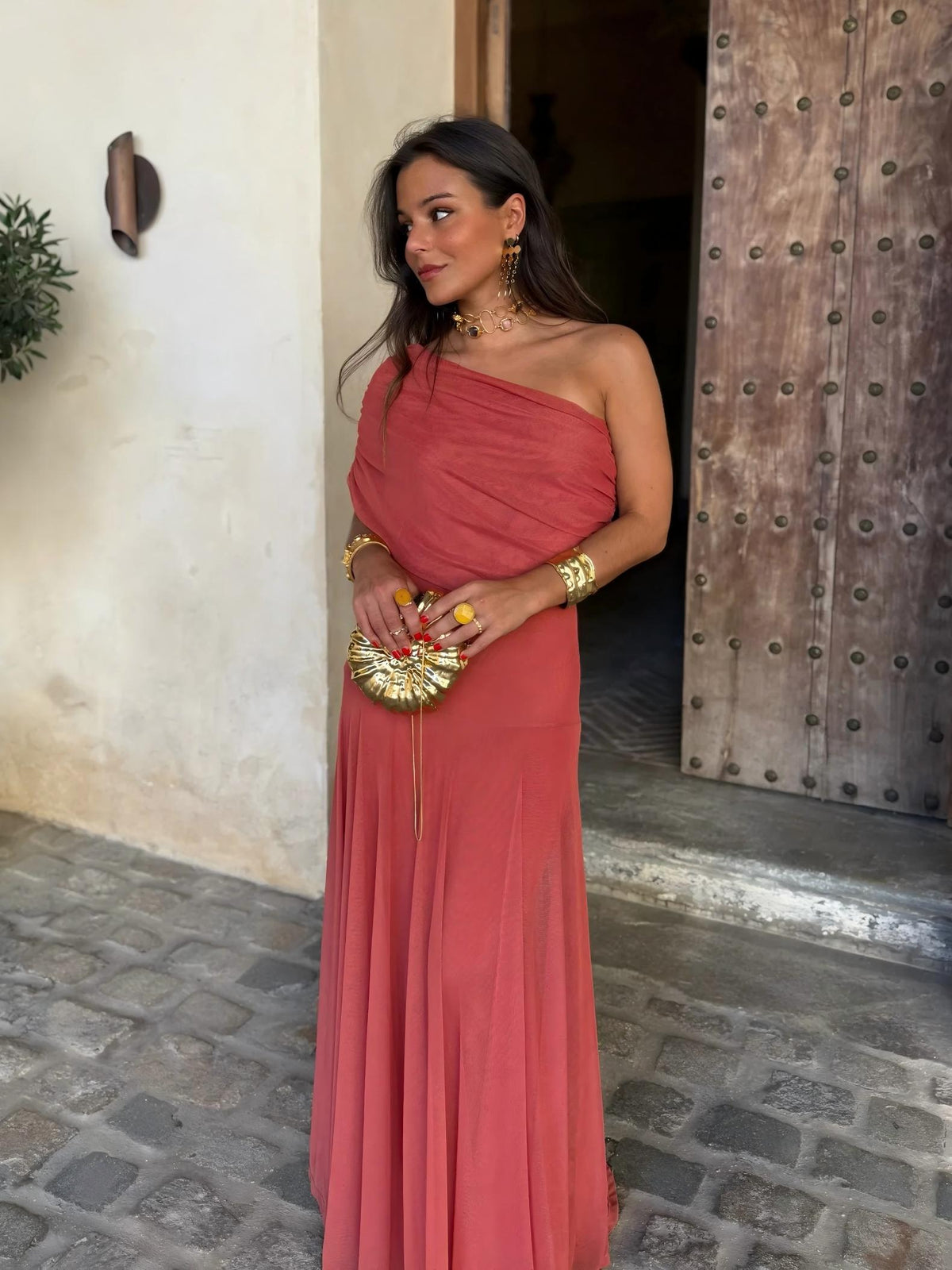 Toledo maxi dress in berry red, off-shoulder silhouette with gathered bodice and long skirt
