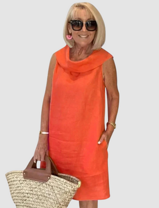 Orange sleeveless cowl-neck casual dress, knee-length