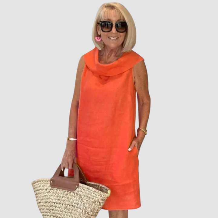 Orange sleeveless cowl-neck casual dress, knee-length