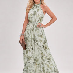 Floral halter midi dress with sleeveless bodice and flowing gathered skirt in sage green