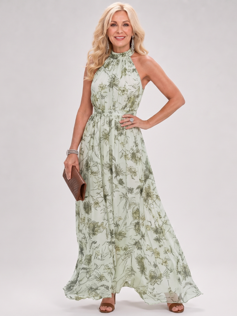 Floral halter midi dress with sleeveless bodice and flowing gathered skirt in sage green