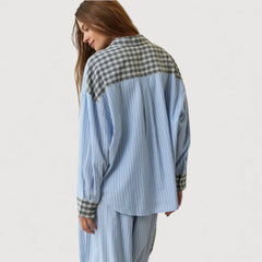 Relaxed pyjama set in blue: back view of check-trim shirt with matching drawstring trousers