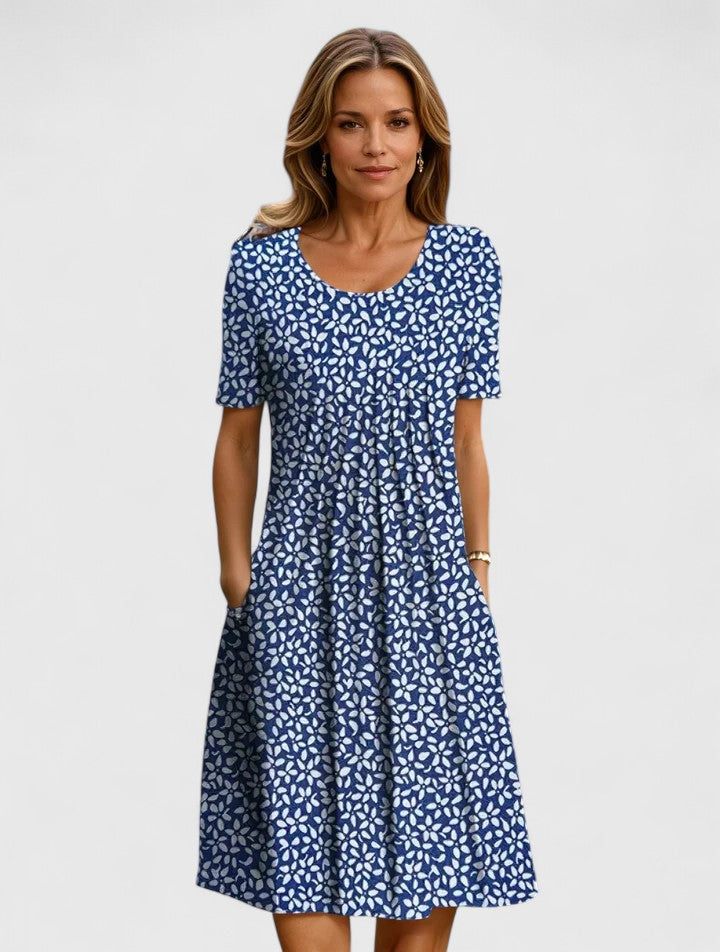 Blue printed midi dress with short sleeves and gathered skirt
