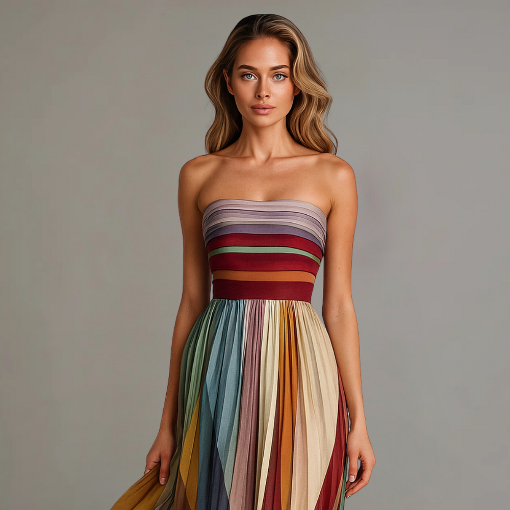 Strapless maxi dress with rainbow striped bodice and gathered pleated skirt