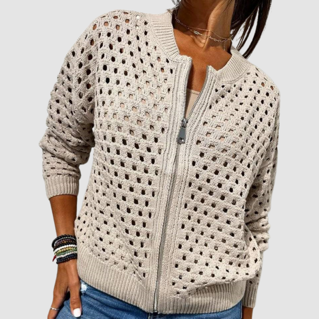 Beige knitted cardigan with full-zip front, perforated dot pattern, ribbed hem and cuffs