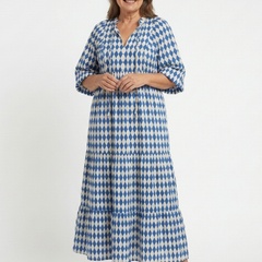 Sky blue diamond print tiered midi dress with V-neck and gathered waist