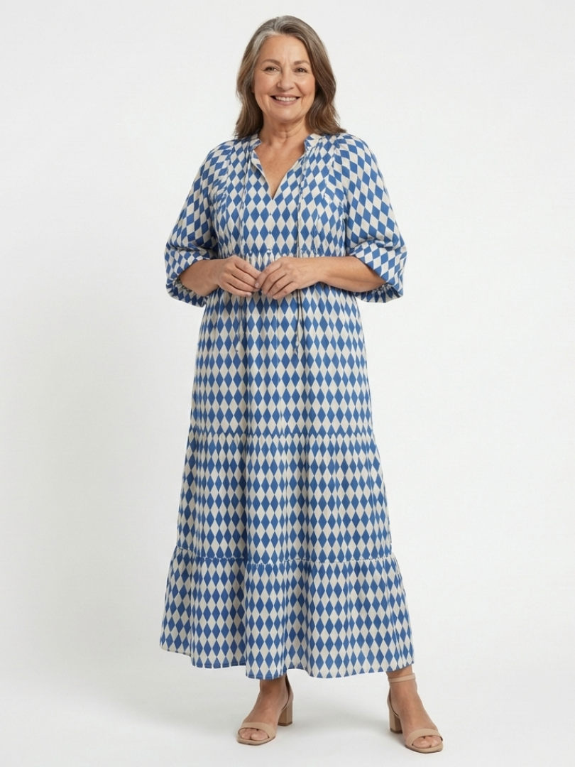 Sky blue diamond print tiered midi dress with V-neck and gathered waist