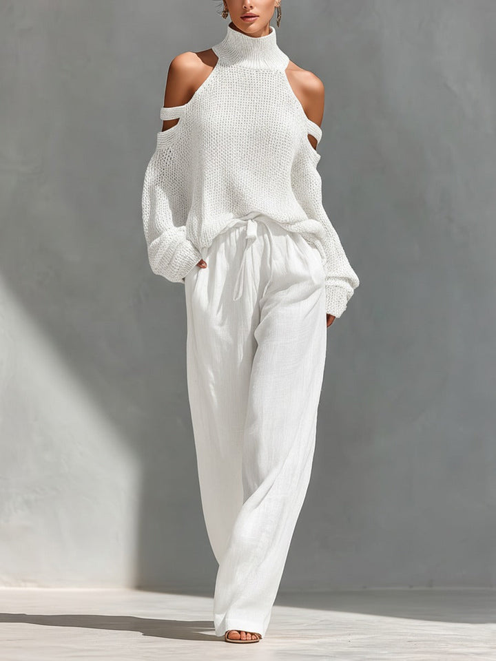 White off-shoulder knit top and loose tie-waist pants set