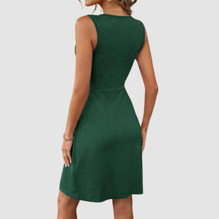 Twist-front sleeveless V-neck dress, back view, deep green