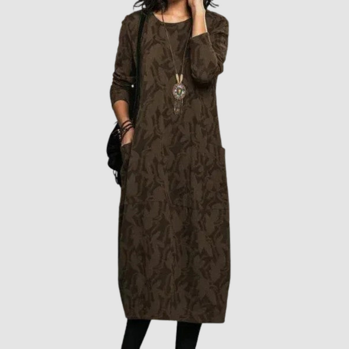 Bethanie™ elegant soft dress, brown leaf-print tiered midi with long sleeves