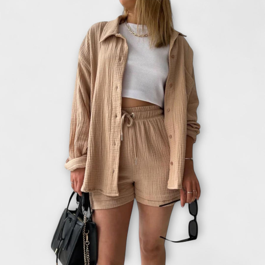 Beige two-piece set: button-front shirt with drawstring-waist shorts