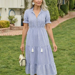 Sky blue striped tiered midi dress with puff sleeves, V-neck and tassel-trim tiers