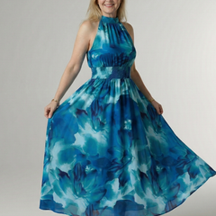 Blue tie-dye halter midi dress with gathered bodice, smocked waist, and flared skirt