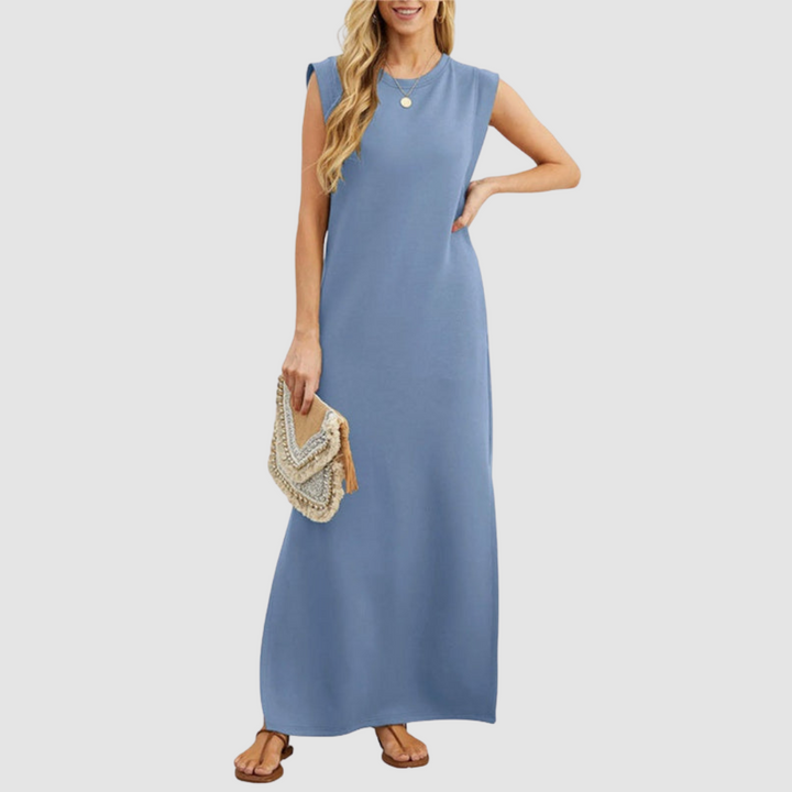 Light blue sleeveless maxi dress with round neckline and small button detail