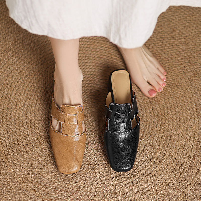 Leather mules pair: apricot and black colors, square toe, buckle strap, low block heels