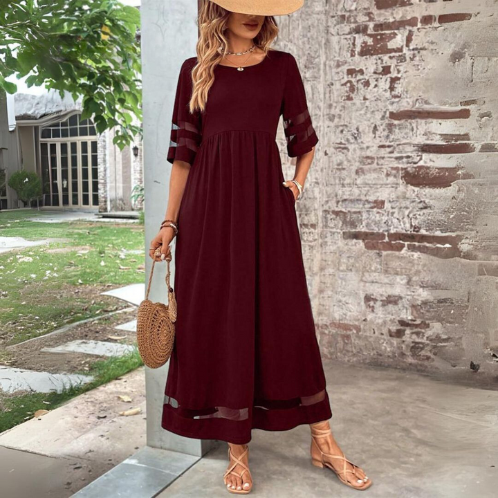 Burgundy A-line midi dress with elbow sleeves and sheer stripe trim at cuffs and hem
