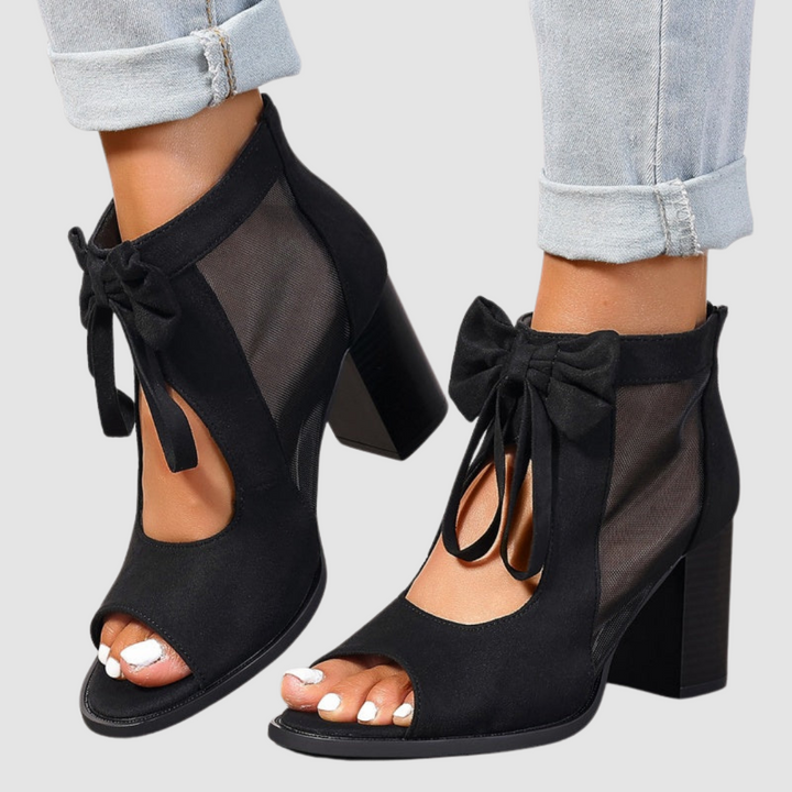 Women's orthopedic black bow charm heels with mesh inserts and peep toe, block heel