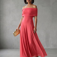 Off-shoulder draped midi dress in coral pink, ruched neckline and airy midi skirt