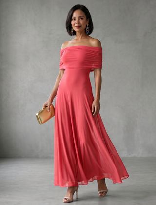 Off-shoulder draped midi dress in coral pink, ruched neckline and airy midi skirt