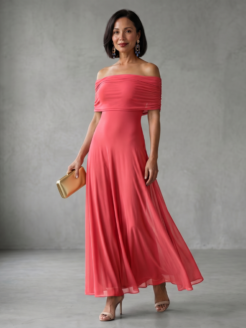 Off-shoulder draped midi dress in coral pink, ruched neckline and airy midi skirt