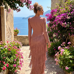 Pink long-sleeve V-neck midi fringe wrap dress with layered tassel skirt