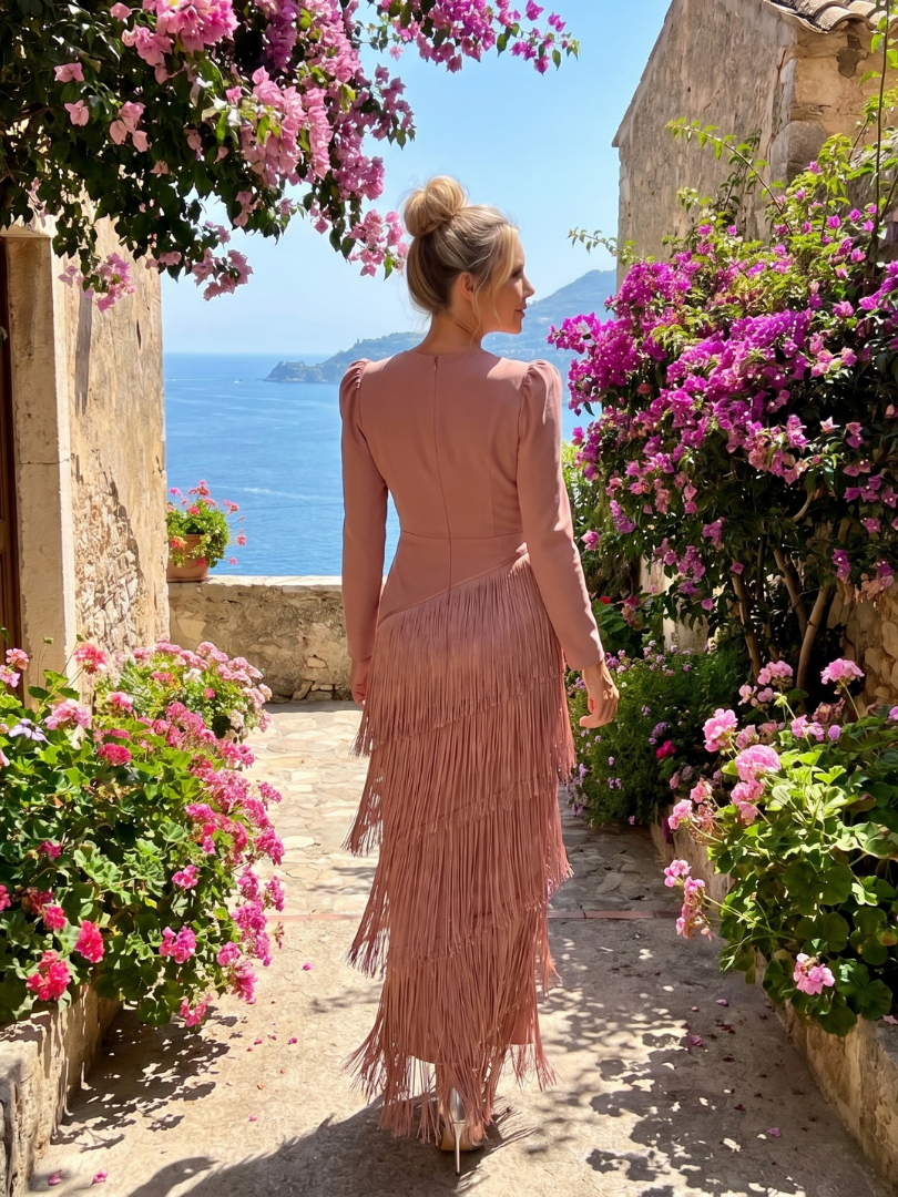 Pink long-sleeve V-neck midi fringe wrap dress with layered tassel skirt