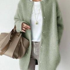 Green round-neck button-front cardigan with long sleeves