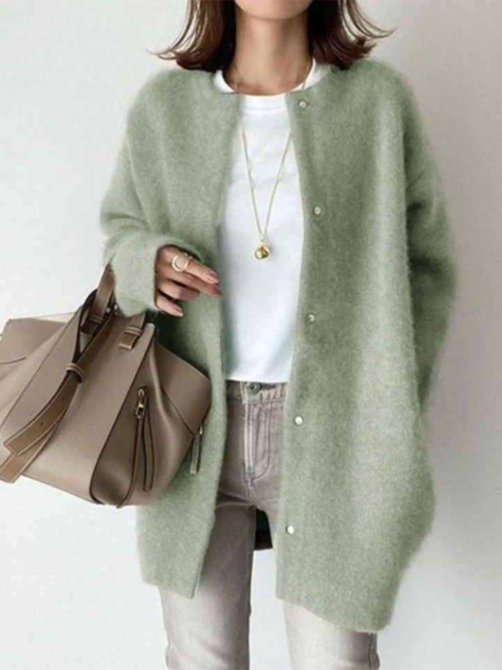 Green round-neck button-front cardigan with long sleeves