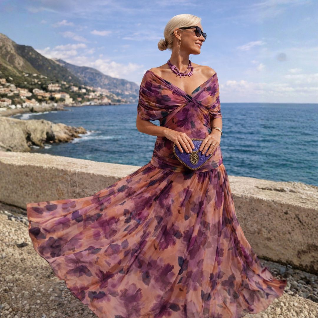 Lydia Off Shoulder maxi dress, purple floral print, crossed off-shoulder bodice and flared skirt