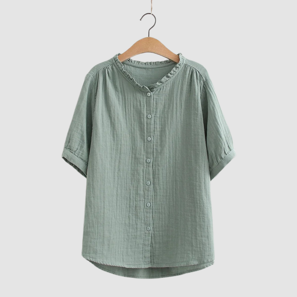 Green lightweight cotton button-up shirt with short sleeves and gathered neckline