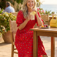 Red floral square-neck midi dress with puff sleeves and side slit, softly gathered skirt