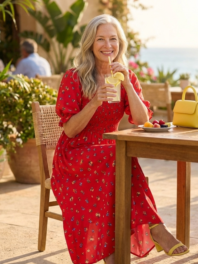 Red floral square-neck midi dress with puff sleeves and side slit, softly gathered skirt