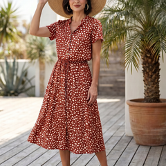 Red printed button-front belted midi dress with short sleeves and V-neck