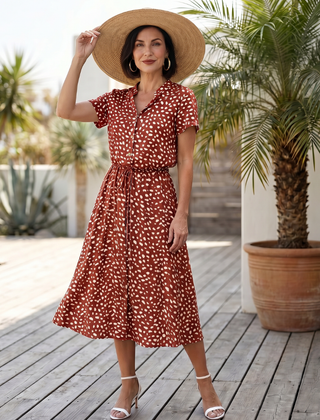 Red printed button-front belted midi dress with short sleeves and V-neck