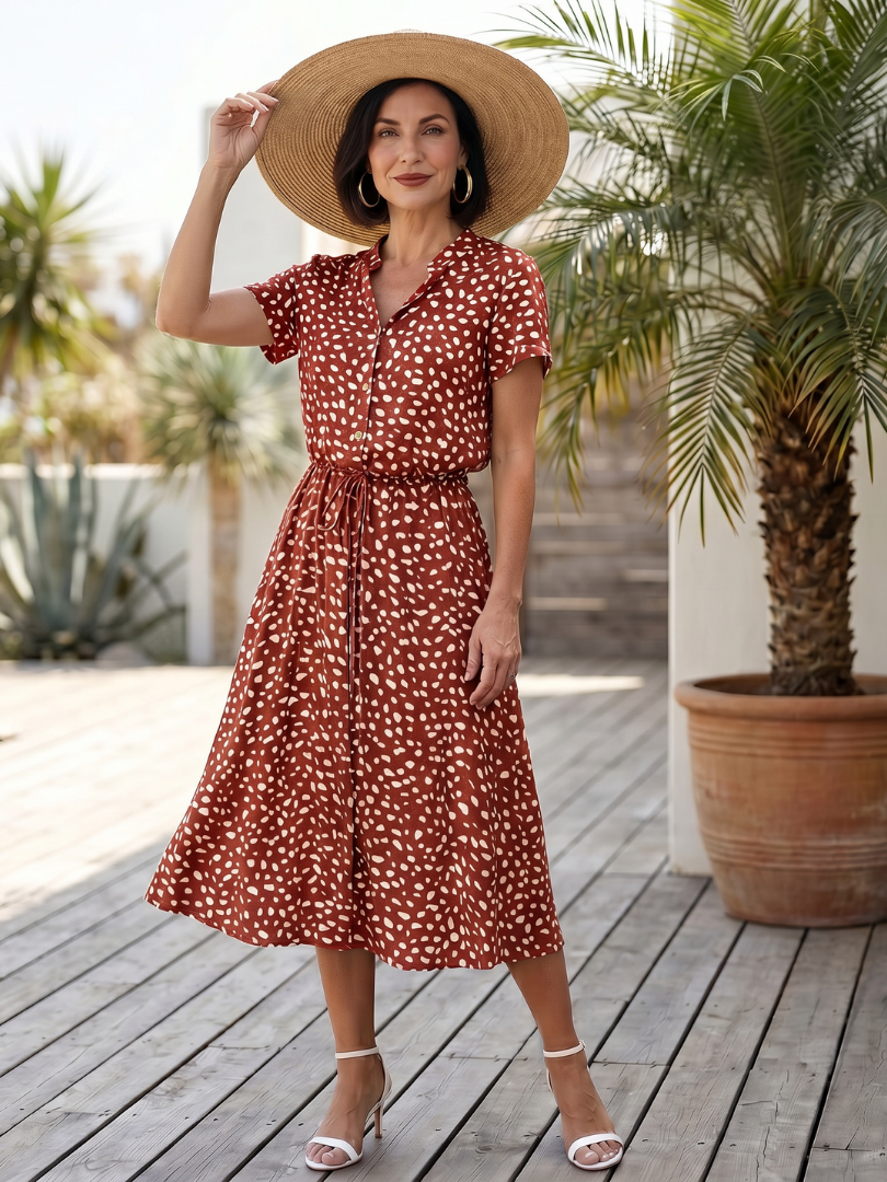 Red printed button-front belted midi dress with short sleeves and V-neck
