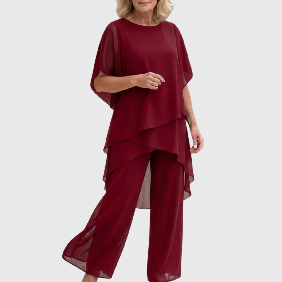 Burgundy palazzo set with layered overlay top and wide-leg pants