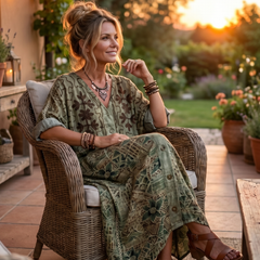 Green patterned oversized midi dress with button front, patch pockets, and relaxed short sleeves