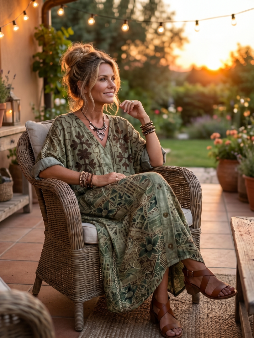 Green patterned oversized midi dress with button front, patch pockets, and relaxed short sleeves