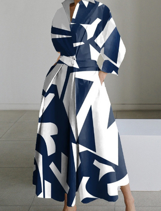 Blue and white shirt dress with abstract print, long sleeves, waist belt