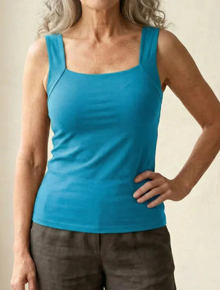 Roxy built-in comfort bra tank top in bright blue, square neck, thin straps