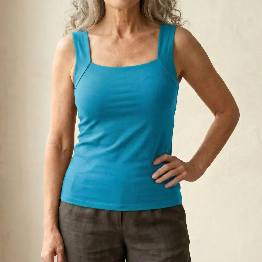 Roxy built-in comfort bra tank top in bright blue, square neck, thin straps