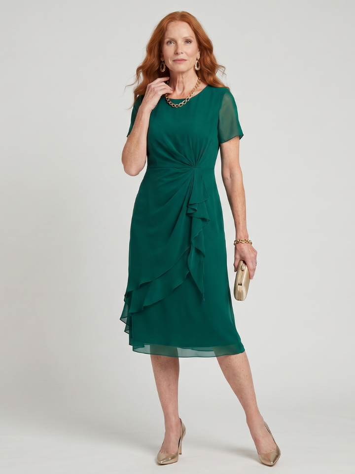 Teal midi dress with short sleeves and draped ruffle knot front