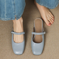 Light blue leather Mary Jane mule with elastic strap and low block heel